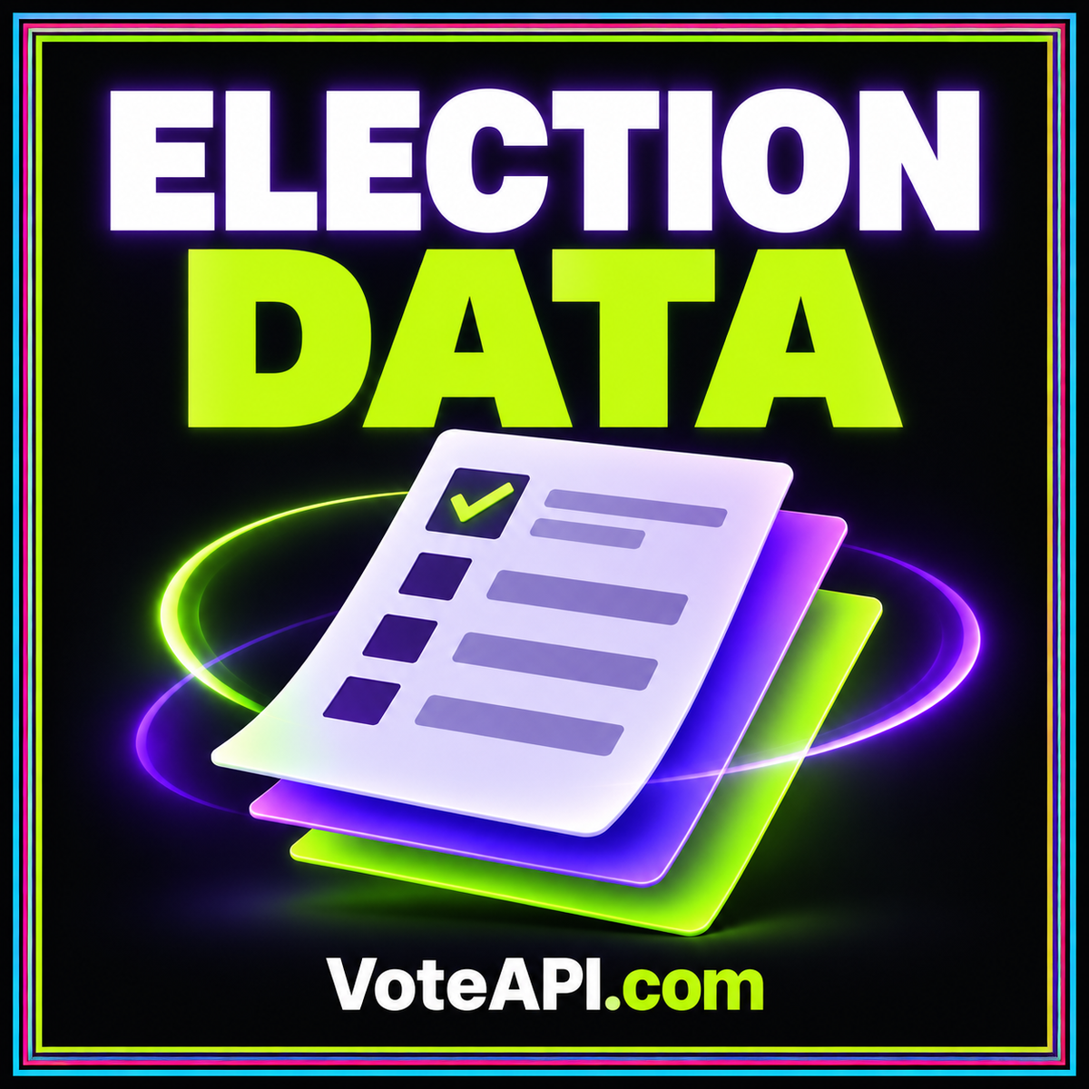 Neon election data card connecting a source document, timestamps, and an aggregate results record.